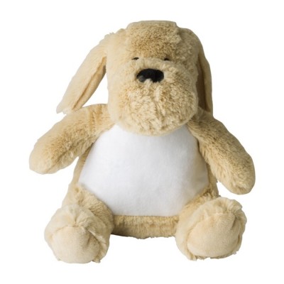 Perro de peluche con ojos bordados y etiqueta personalizable color beige primera vista
