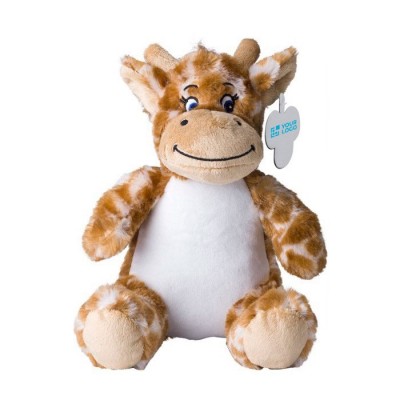 Jirafa de peluche con ojos bordados y etiqueta imprimible