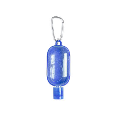 Bote de gel con mosquetón promocional color azul