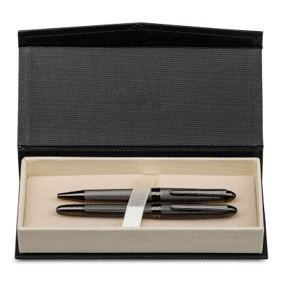 Pack de bolígrafo y roller metálicos color gris oscuro en caja