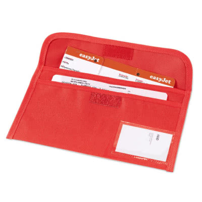 Porta documentos de viaje con ventana color rojo con logo
