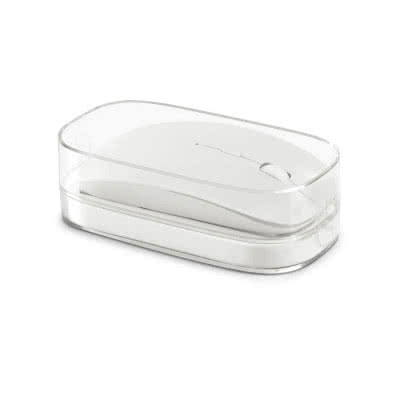 Ratón personalizado en caja de plástico color blanco segunda vista con logo