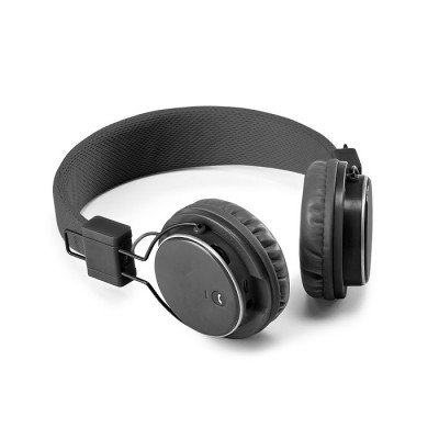 Elegantes auriculares plegables de diseño color negro con logo