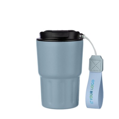 Vaso térmico impreso de acero inoxidable con correa a juego 320ml color azul claro vista de impresión