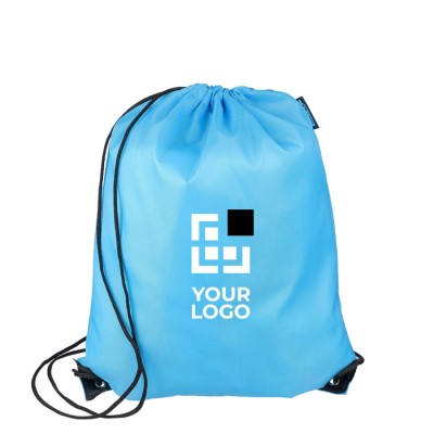 Mochila de cuerdas de poliéster con las esquinas y cuerdas negras color azul claro vista de impresión