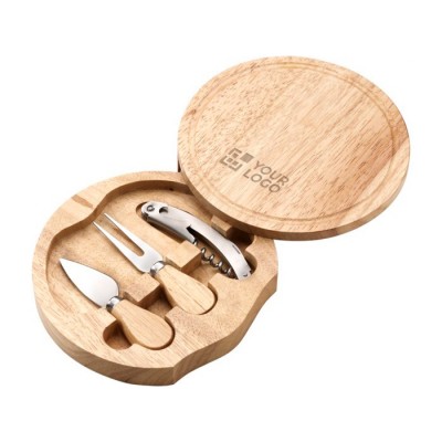 Set para cortar quesos con tabla de madera en estuche circular