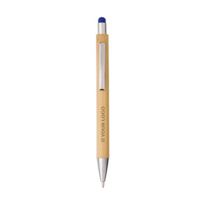 Bolígrafo de bambú y metal con puntero táctil de color tinta azul vista de impresión