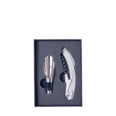 Set de vino en estuche cuadrado con accesorios de acero inoxidable