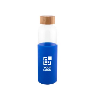 Botella de cristal y tapón de bambú con funda de silicona 500ml