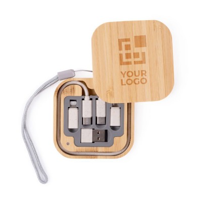Set de cables de distintos conectores en caja de bambú para transporte