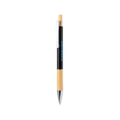 Bolígrafo de aluminio con pulsador y detalle de bambú tinta azul