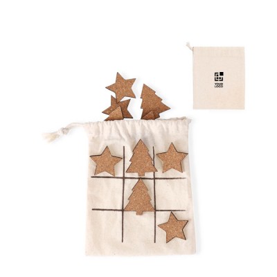 Juego de tres en raya con fichas navideñas hechas de corcho