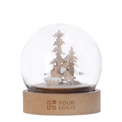 Bola iluminada con diseño navideño en el interior y base de madera