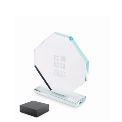 Trofeo de cristal en forma de octágono con base rectangular a juego