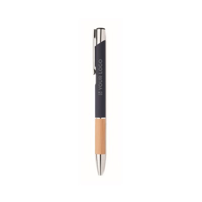 Bolígrafo con pulsador de aluminio con detalle de bambú y tinta azul