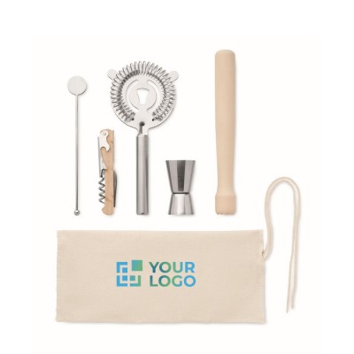 Kit para cóctel con 5 instrumentos claves en una bolsa de algodón