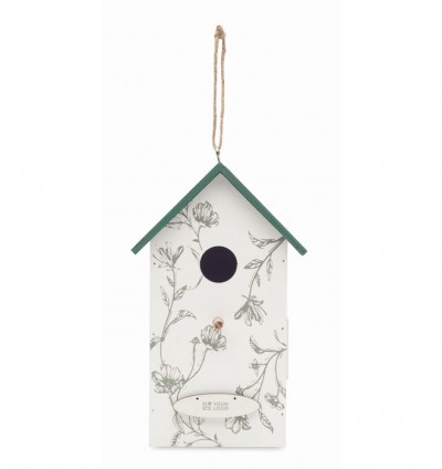 Casa colgable de madera para pájaros con estampado floral