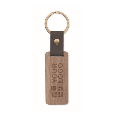 Llavero rectangular de madera con detalle de cuero sintético
