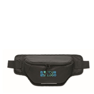 Riñonera de nylon resistente al agua con parte trasera ventilada color negro vista de impresión