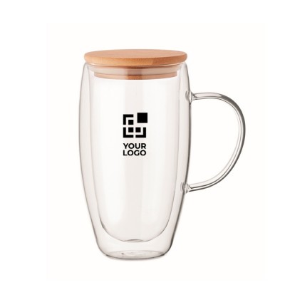 Taza larga de vidrio con asa transparente y tapa de madera 450ml