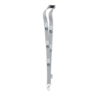 Lanyard de RPET con mosquetón metálico y cierre de seguridad 20mm color gris vista de impresión