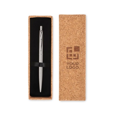 Bolígrafo metálico en caja de corcho color plateado mate