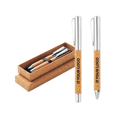 Set de bolígrafo y roller con cuerpo de corcho color madera
