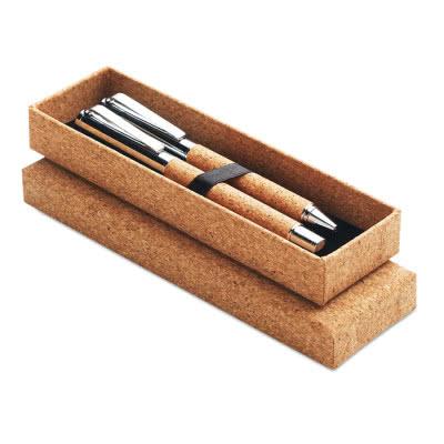 Set de bolígrafo y roller con cuerpo de corcho color madera