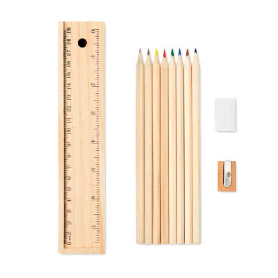 Set de lápices, regla y goma en estuche color madera tercera vista