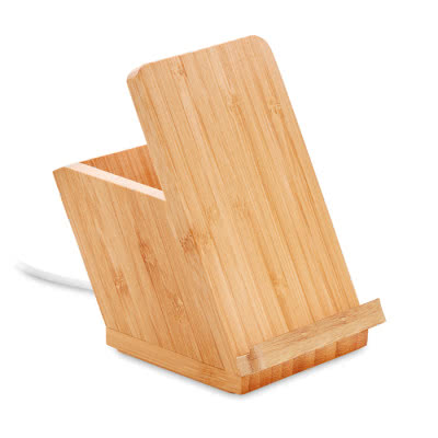 Cargador con soporte y portalápices bambú color madera