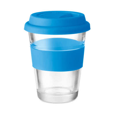 Tazas de café para llevar de cristal color azul