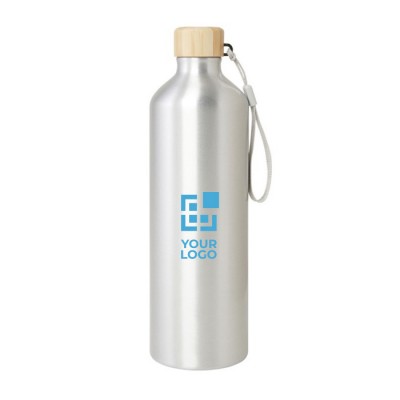 Botella grande de aluminio reciclado con tapa de bambú y correa 1L