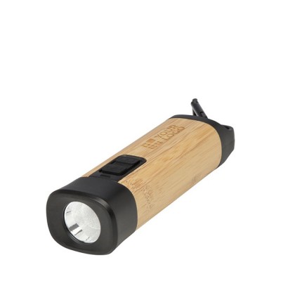 Linterna de bambú y plástico reciclado con mosquetón y 3 tipos luz