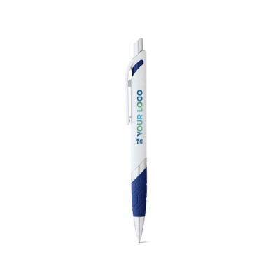 Bolígrafo de plástico blanco con detalle de color tinta azul
