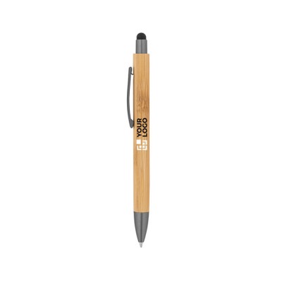 Bolígrafo de bambú y clip de metal con puntero táctil tinta negra