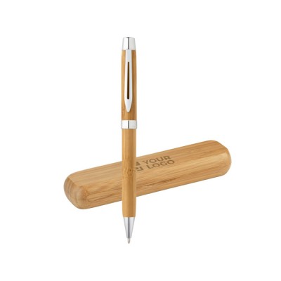 Bolígrafo publicitario de bambú en estuche color marfil