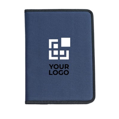 Sencillo portafolios publicitario con bloc color azul vista productos