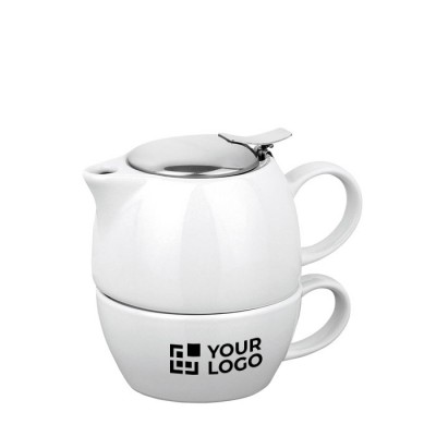 Juego de té con tetera personalizado color blanco