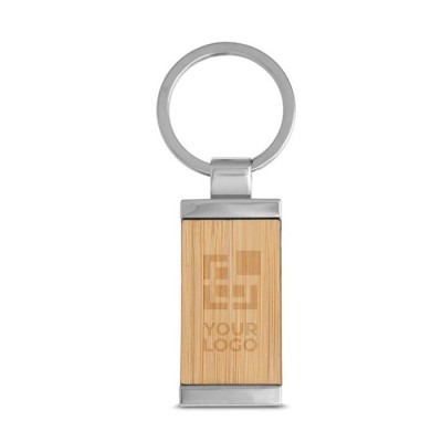 Llavero de bambú con forma rectangular y carcasa de metal