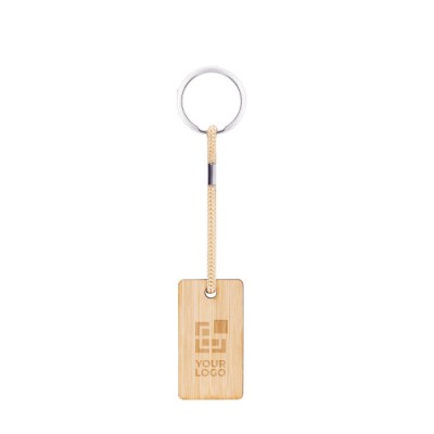Llavero rectangular de bambú con cordón y anilla de metal