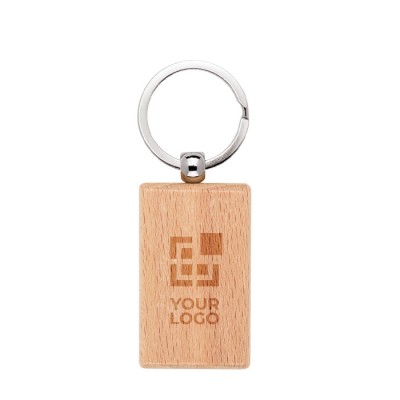 Llavero rectangular de madera de haya con anilla de metal