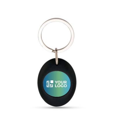 Llavero con forma ovalada que tiene moneda para carro interior