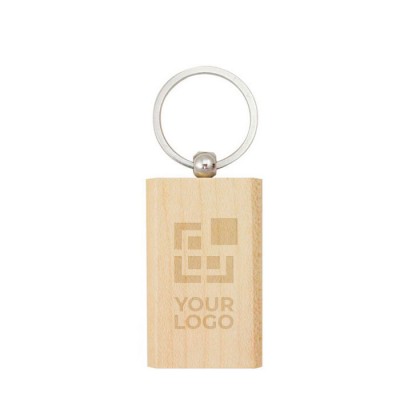Llavero de madera con forma rectangular y anillo metálico