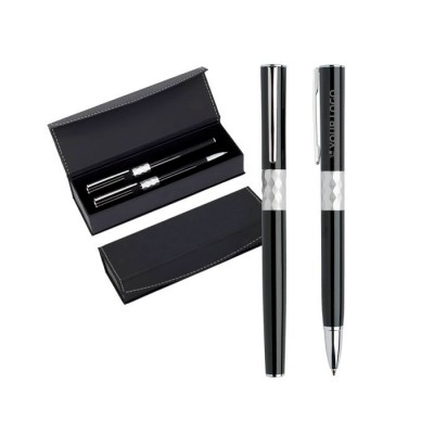 Set de bolígrafo y roller de metal de diseño con caja tinta negra