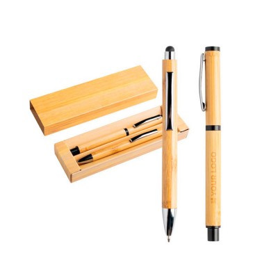 Bolígrafo y roller hechos de bambú con clip y estuche tinta azul