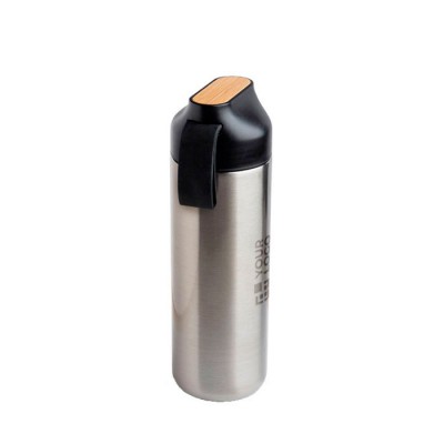 Botella termo de acero inoxidable con asa y detalle de bambú 600ml