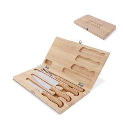 Estuche de madera con 3 cuchillos y tenedor de barbacoa