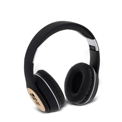 Auriculares inalámbricos negros con detalles de aspecto bambú