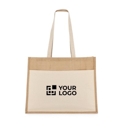 Bolsa de yute con bolsillo frontal de algodón y asas a juego 320 g/m2 Bolsa de yute con bolsillo frontal de algodón y asas a juego 320 g/m2