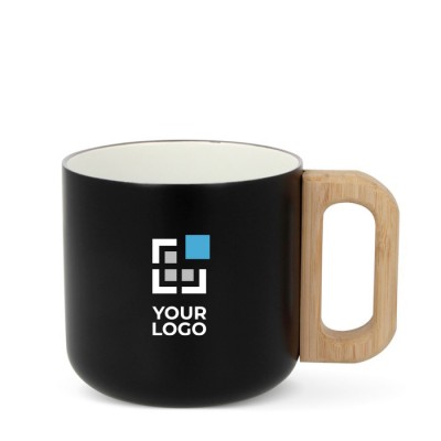 Taza de cerámica de doble pared con asa de apariencia bambú 330ml